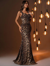 Sequined Leopard Print Sweetheart Neck Ruffled Slit Thigh Party Dress